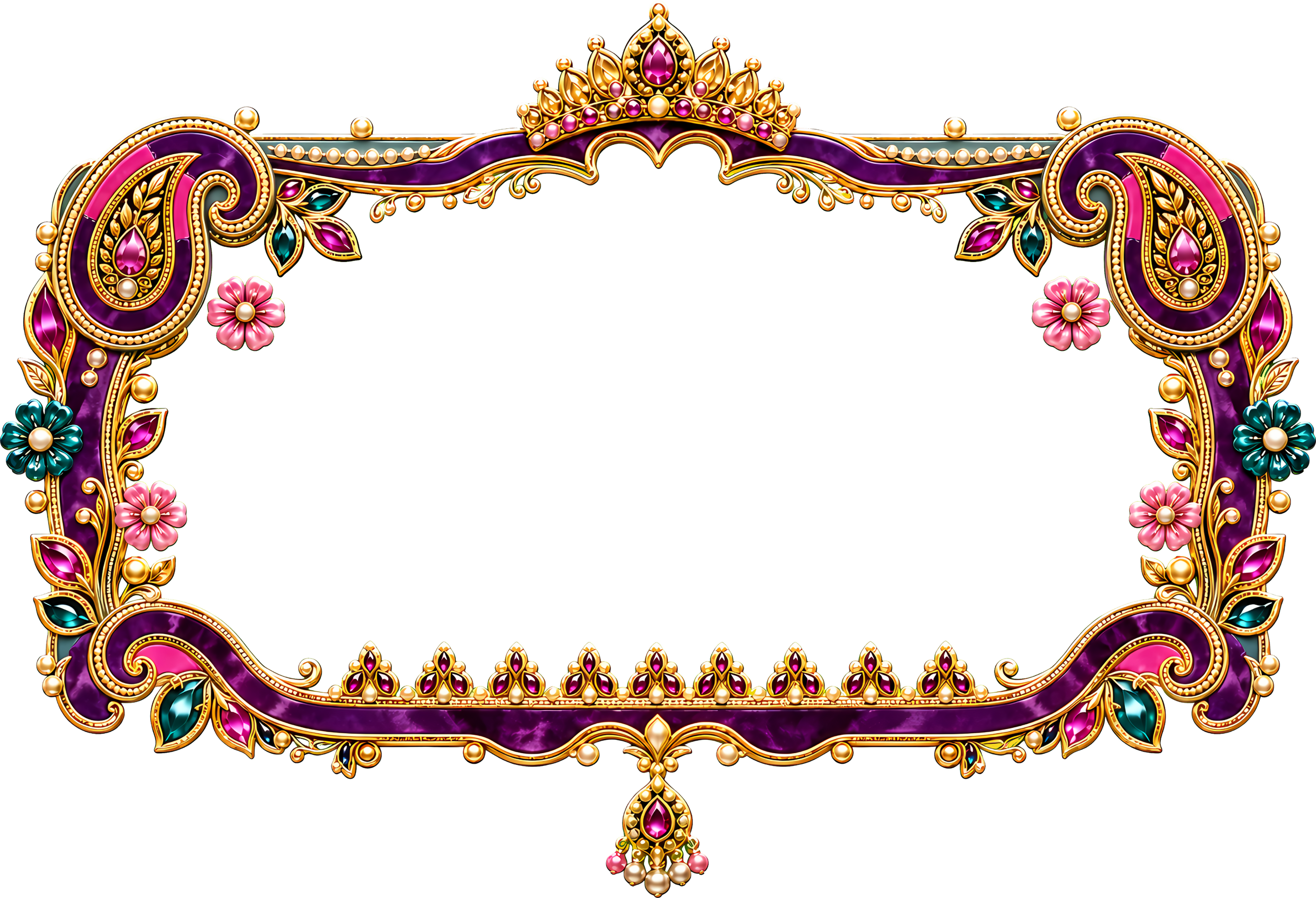 A premium South Asian-inspired name frame design with jewel accents, crescent details, and customizable text. Available as a Pre-Made Design. Personalize with a name, title, short phrase, and color preferences.